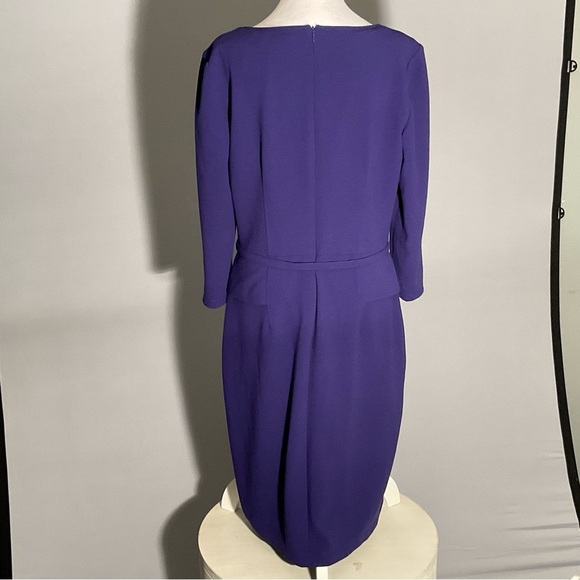 David Meister Size 10 Purple Sheath Dress Fabric Belt 3/4 Sleeve Unique Neckline - Picture 8 of 14